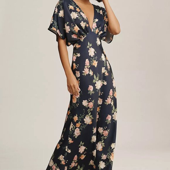 NWT BHLDN Leila Deep-V Flutter-Sleeve Satin A-Line Gown Navy/Martin Size 8 - Picture 5 of 7